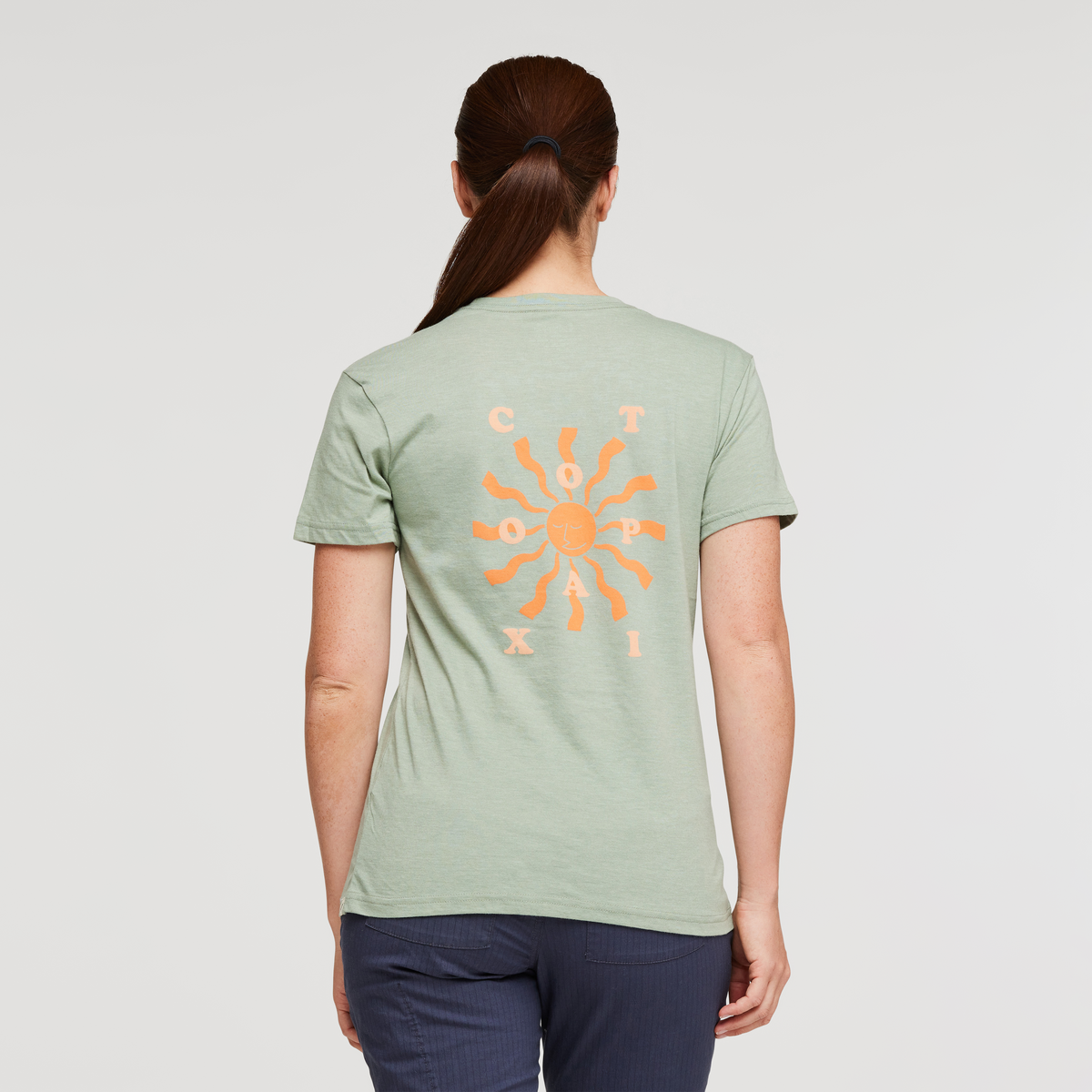 Happy Day Organic T-Shirt - Women's, Silver Leaf, Model Aya