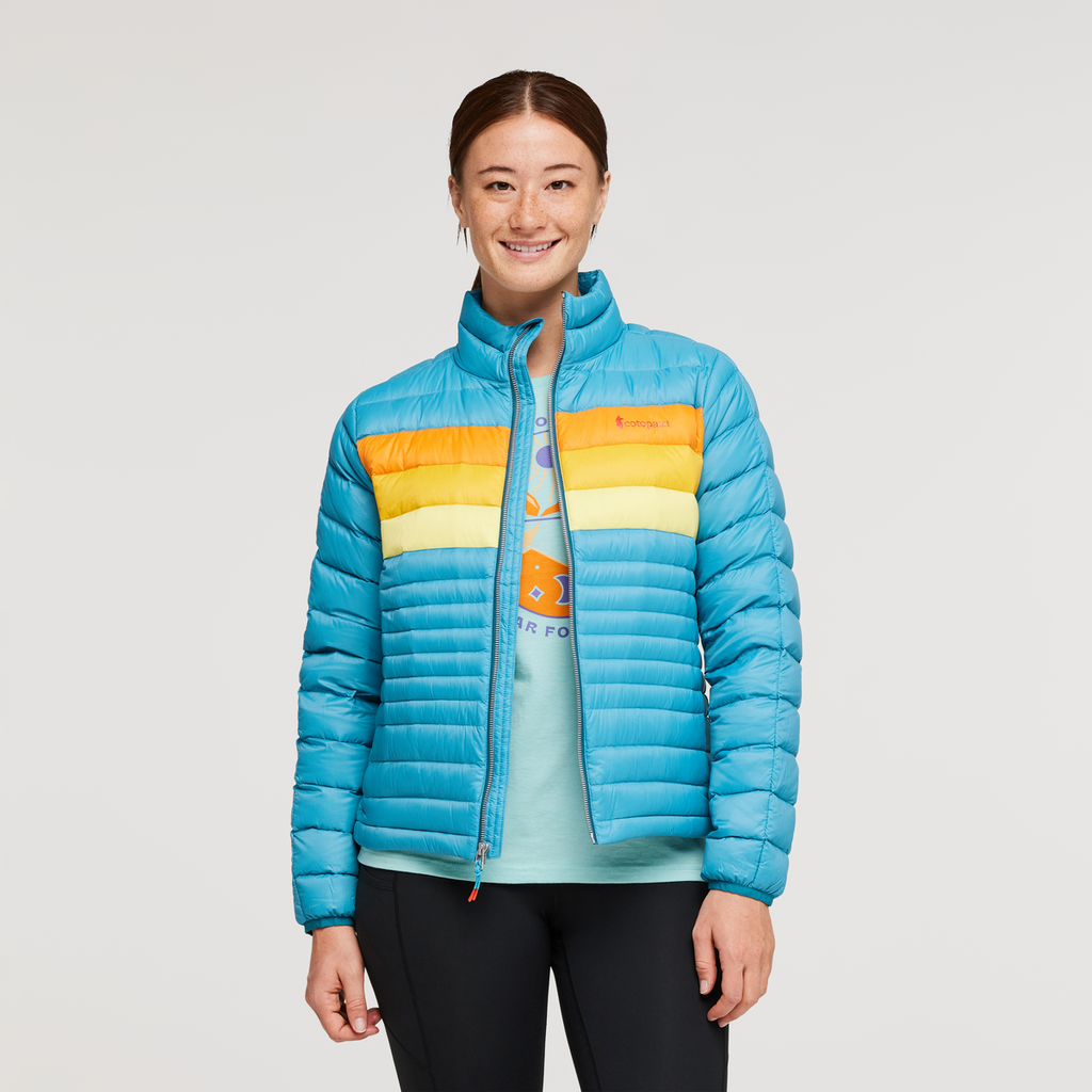 Fuego Down Jacket - Women's, Poolside Stripes, Model Aya